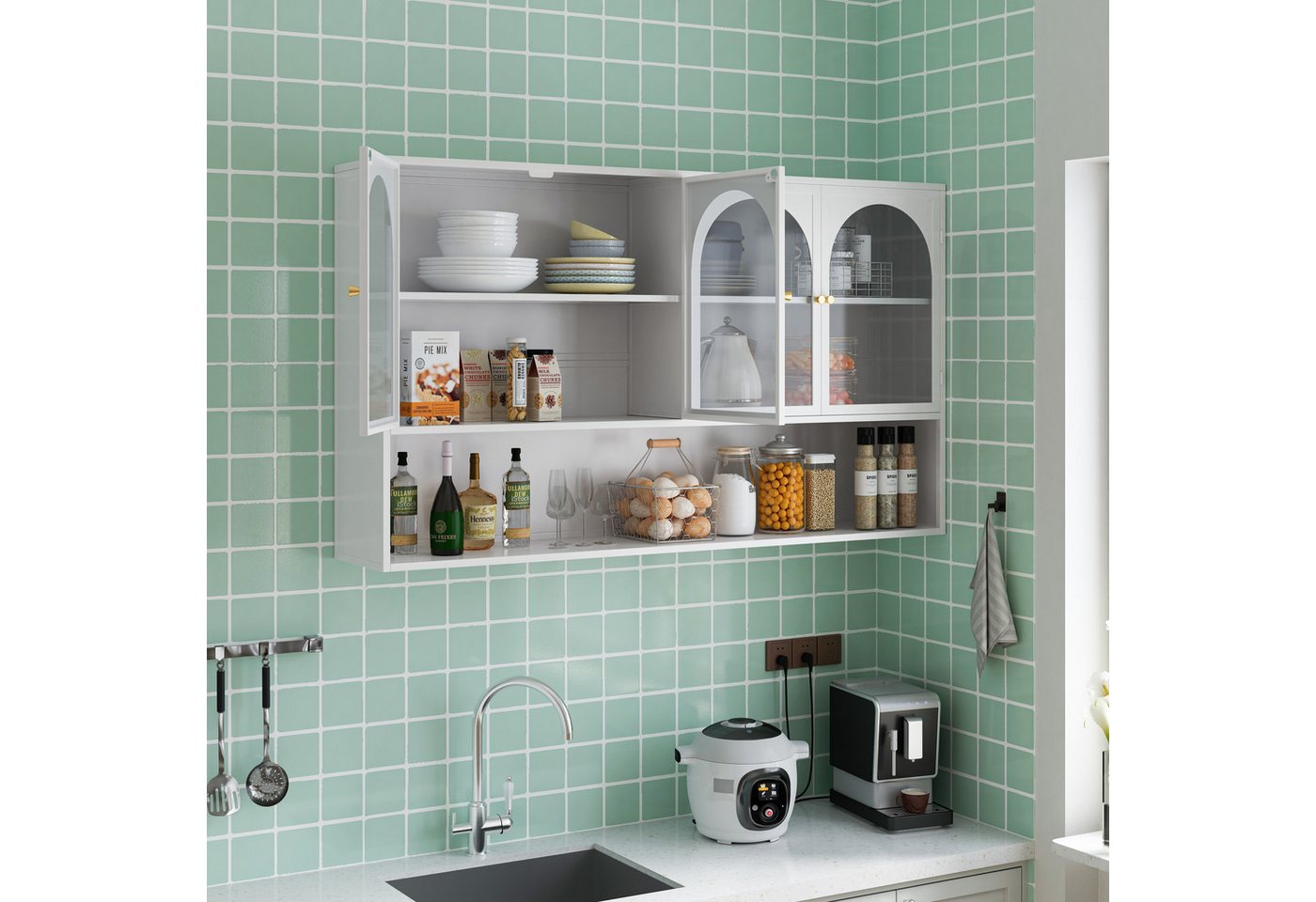 Celya Wandhängeschrank 120 cm vier Türen Glas Wandschrank Aufbewahrung, Wandmontage, geeignet für Küche, Wohnzimmer, Badezimmer, Weiß Bild 3