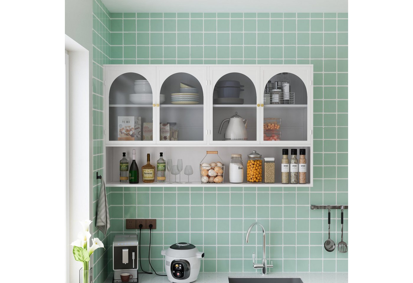 Celya Wandhängeschrank 120 cm vier Türen Glas Wandschrank Aufbewahrung, Wandmontage, geeignet für Küche, Wohnzimmer, Badezimmer, Weiß Bild 4