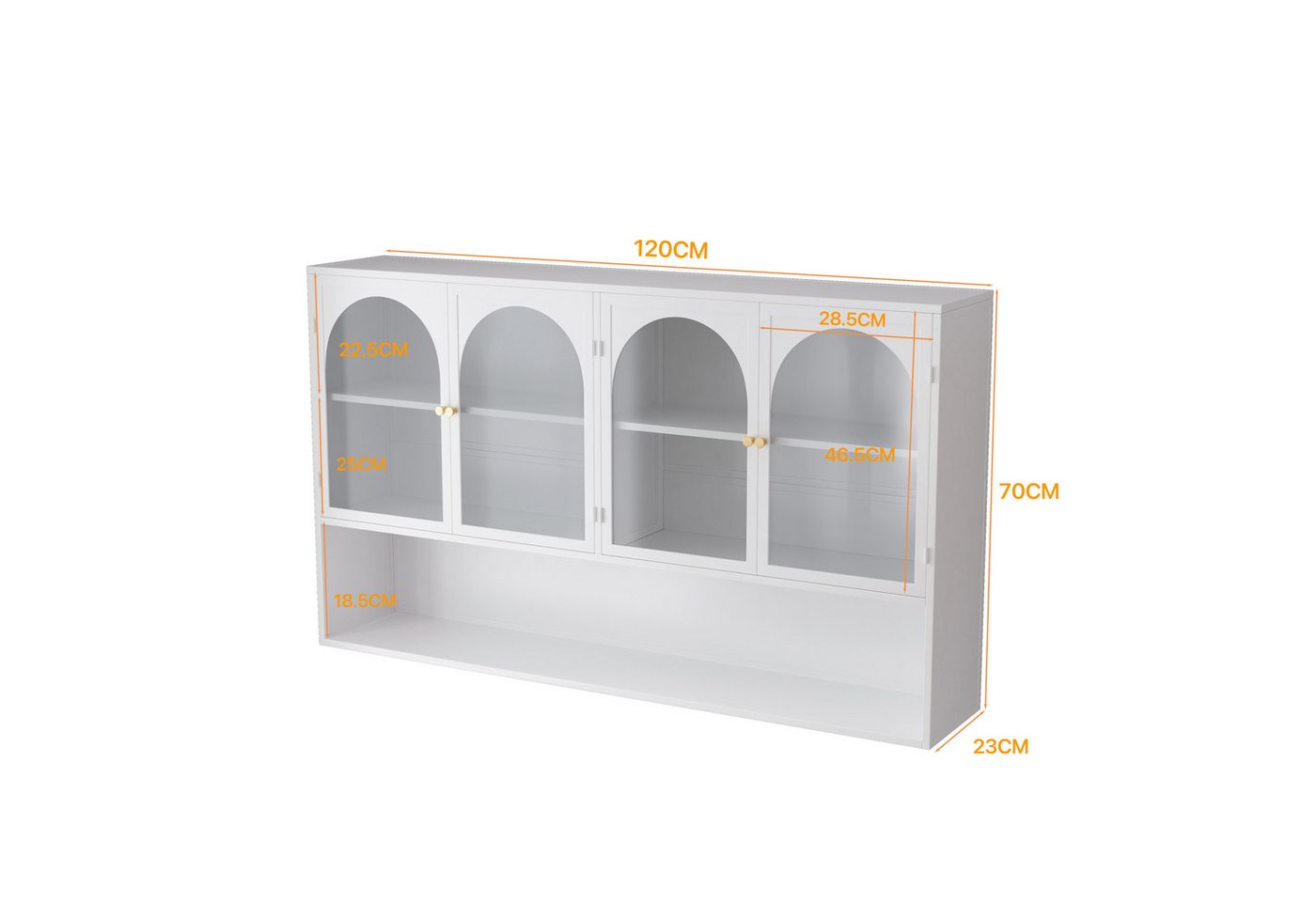 Celya Wandhängeschrank 120 cm vier Türen Glas Wandschrank Aufbewahrung, Wandmontage, geeignet für Küche, Wohnzimmer, Badezimmer, Weiß Bild 5