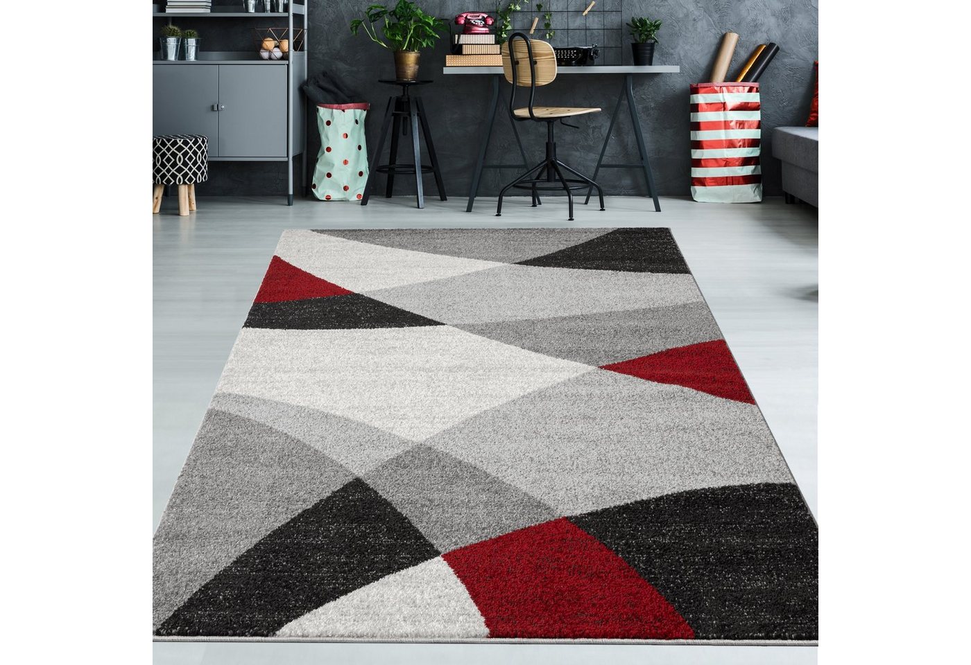 TeppichHome24 Teppich Moderner Teppich mit geometrischen Muster grau rot, rechteckig