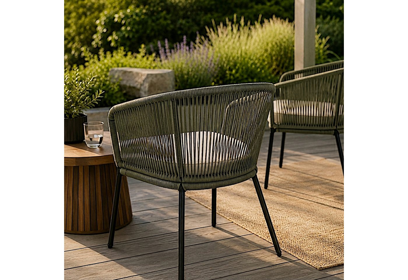 ESTEXO Gartenstuhl Lounge Stuhl 2er Set Gartensessel Rope Loungesessel Outdoor Oliv
