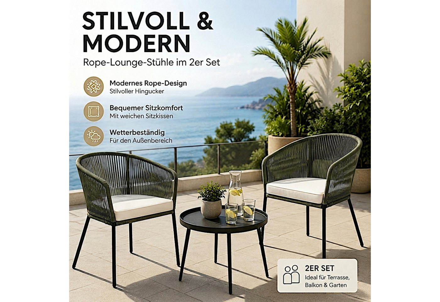 ESTEXO Gartenstuhl Lounge Stuhl 2er Set Gartensessel Rope Loungesessel Outdoor Oliv Bild 5
