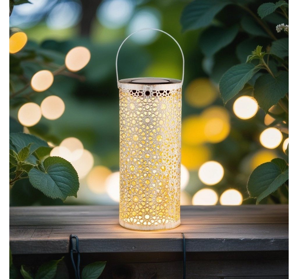 Marrakesch Orient & Mediterran Interior LED Solarleuchte 2er Set Orientalische Solarlaterne Noum edel aus Metall in Weiß 30 cm, LED fest integriert, Handarbeit