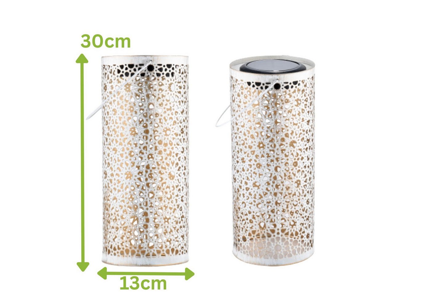 Marrakesch Orient & Mediterran Interior LED Solarleuchte 2er Set Orientalische Solarlaterne Noum edel aus Metall in Weiß 30 cm, LED fest integriert, Handarbeit Bild 2