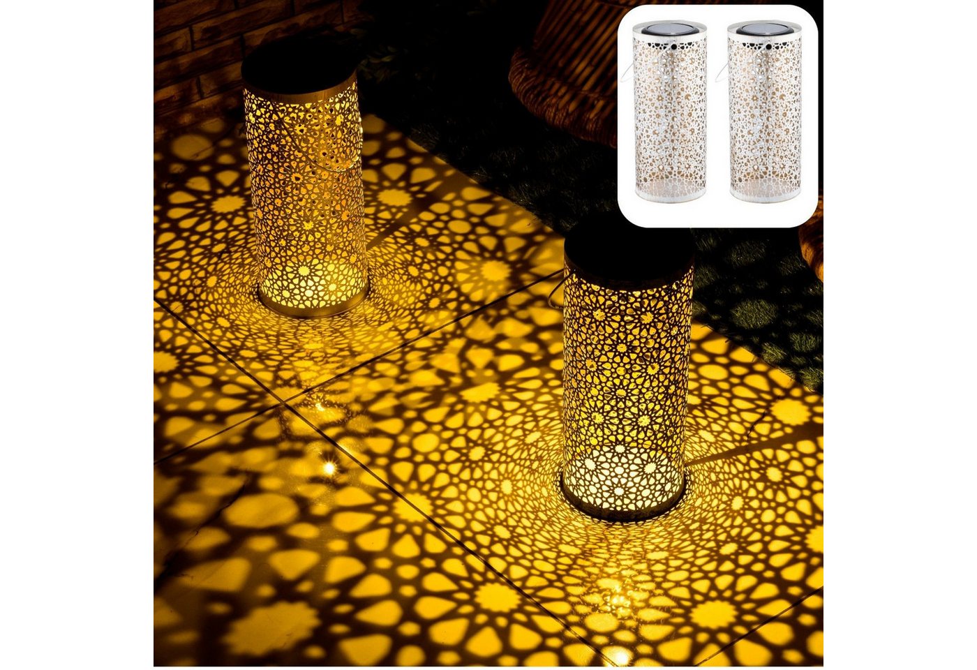 Marrakesch Orient & Mediterran Interior LED Solarleuchte 2er Set Orientalische Solarlaterne Noum edel aus Metall in Weiß 30 cm, LED fest integriert, Handarbeit Bild 5