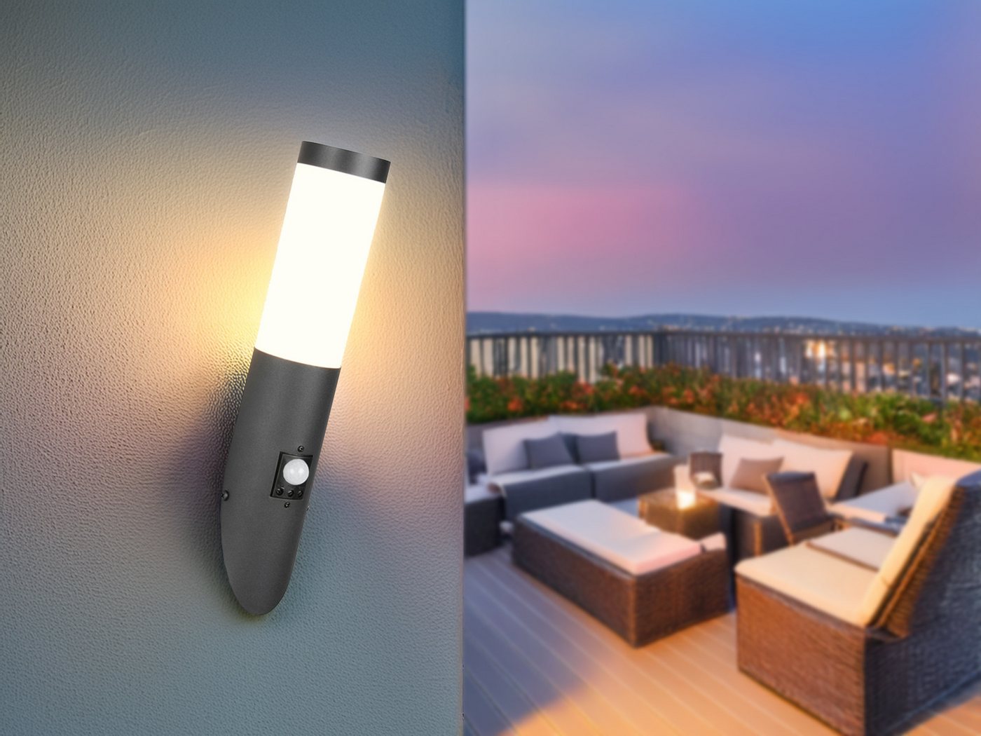 TRIO Leuchten LED Außen-Wandleuchte 2er Set aus Edelstahl Schwarz, Höhe 39cm, mit Bewegungsmelder, LED wechselbar, warmweiß Bild 2