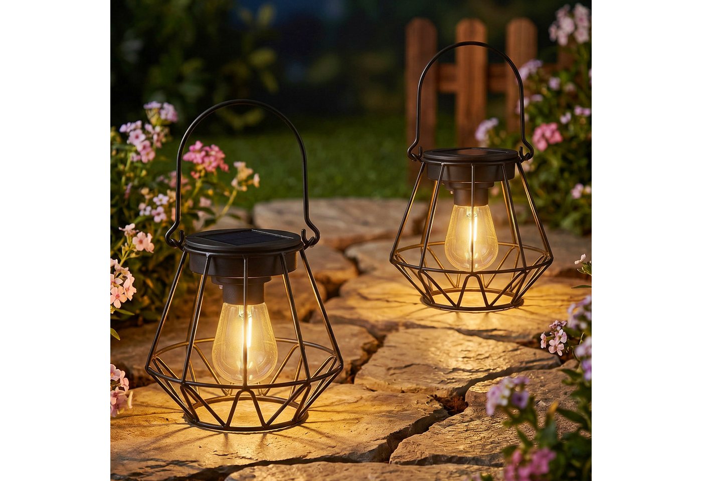 Kimjo LED Solarleuchte Hängende IP65 Solar-Außenlaternen für Balkon Terrasse, LED Glühbirne, Warmweiß, Solarbetrieben, IP65 wetterfest, hängend & stehend nutzbar Bild 5