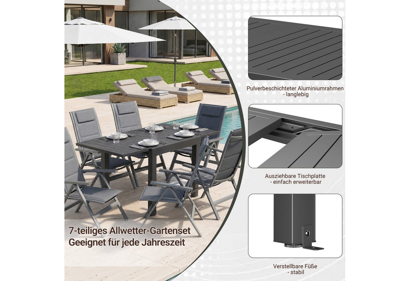 HOMALL Garten-Essgruppe Aluminium Ausziehbarer Esstisch und 7-fach verstellbarer Klappstuhl, (7-tlg), Ausziehtisch und Klappstuhl Aluminiumrahmen witterungsbeständig