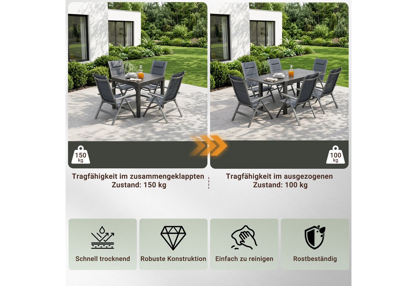 HOMALL Garten-Essgruppe Aluminium Ausziehbarer Esstisch und 7-fach verstellbarer Klappstuhl, (7-tlg), Ausziehtisch und Klappstuhl Aluminiumrahmen witterungsbeständig Bild 2