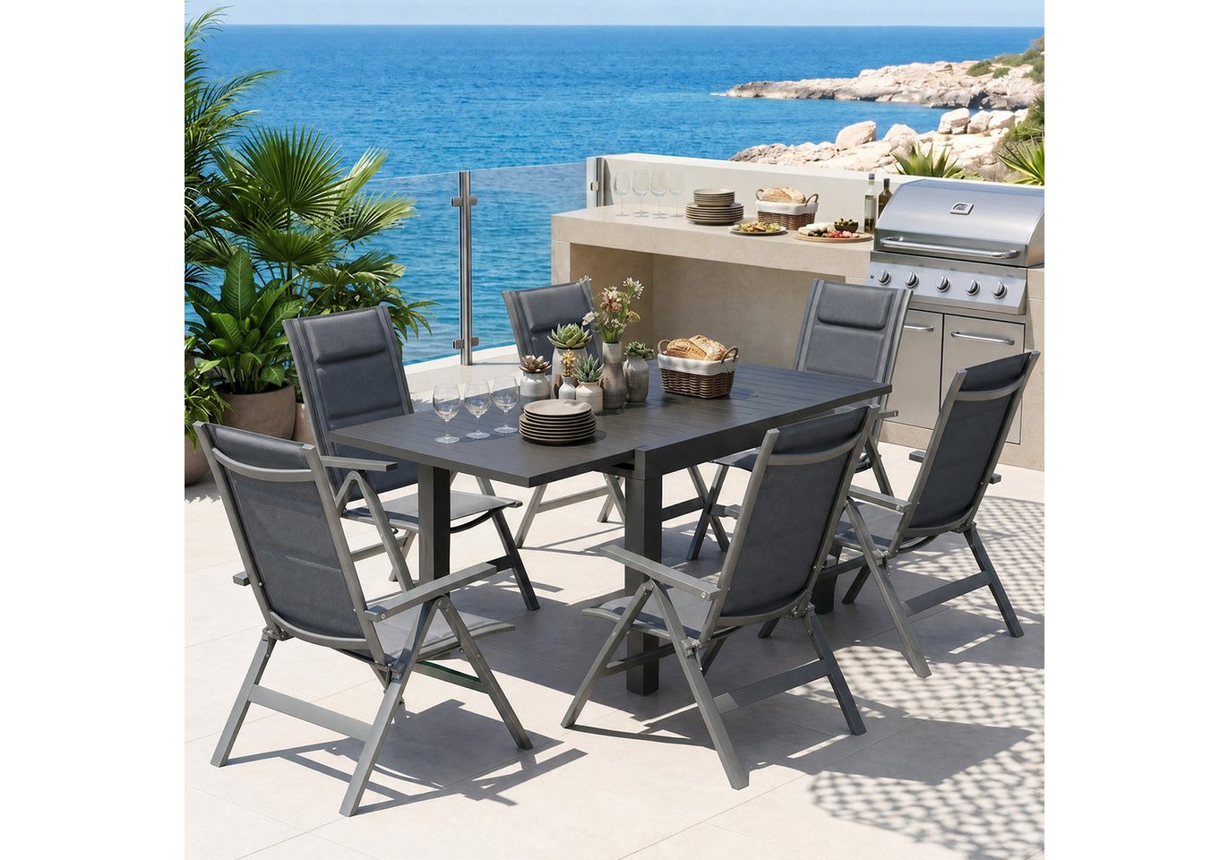 HOMALL Garten-Essgruppe Aluminium Ausziehbarer Esstisch und 7-fach verstellbarer Klappstuhl, (7-tlg), Ausziehtisch und Klappstuhl Aluminiumrahmen witterungsbeständig Bild 3