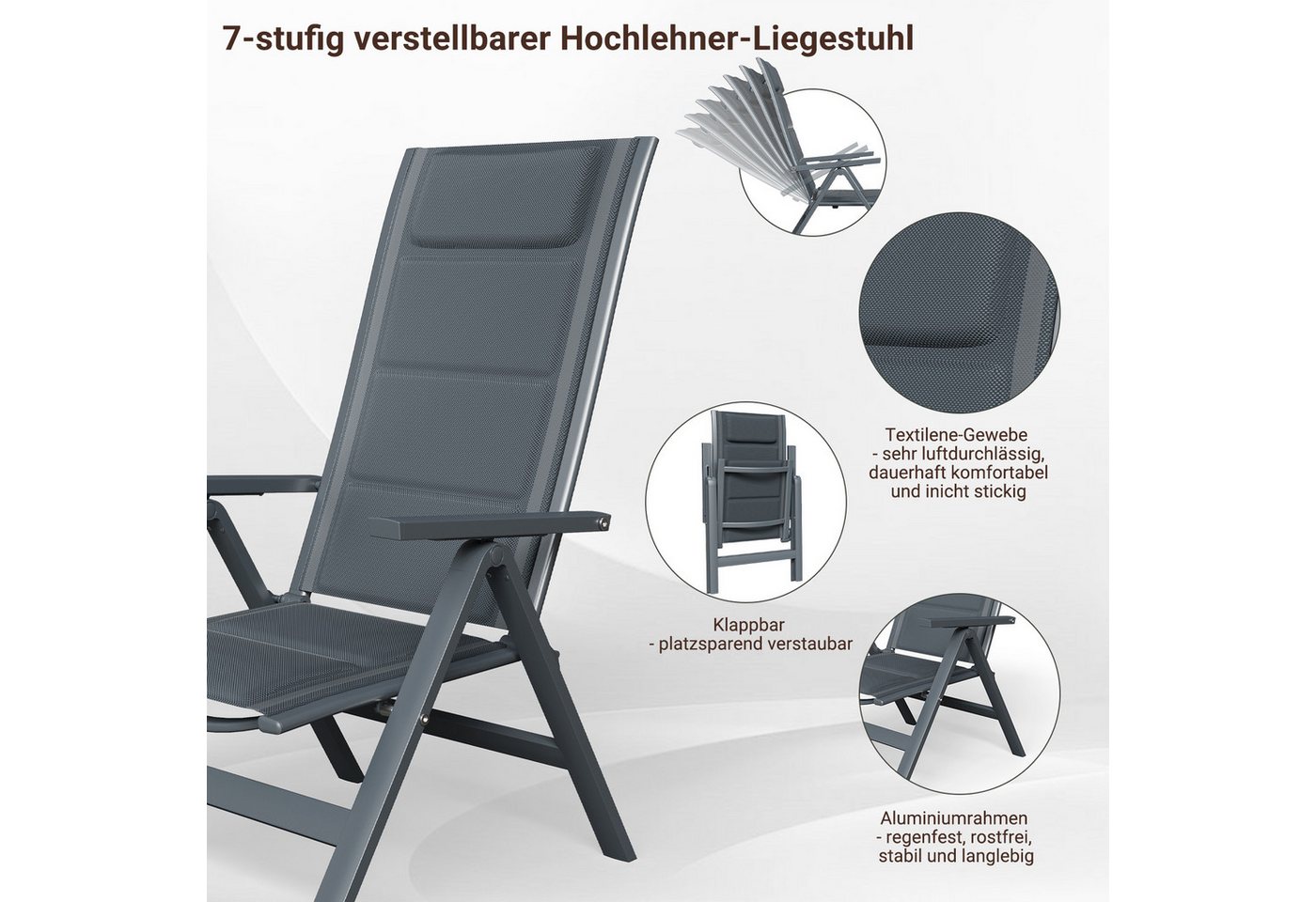 HOMALL Garten-Essgruppe Aluminium Ausziehbarer Esstisch und 7-fach verstellbarer Klappstuhl, (7-tlg), Ausziehtisch und Klappstuhl Aluminiumrahmen witterungsbeständig Bild 4