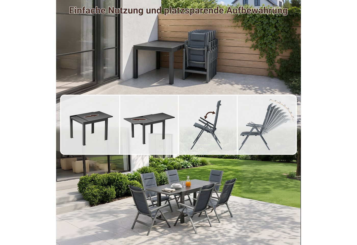 HOMALL Garten-Essgruppe Aluminium Ausziehbarer Esstisch und 7-fach verstellbarer Klappstuhl, (7-tlg), Ausziehtisch und Klappstuhl Aluminiumrahmen witterungsbeständig Bild 5