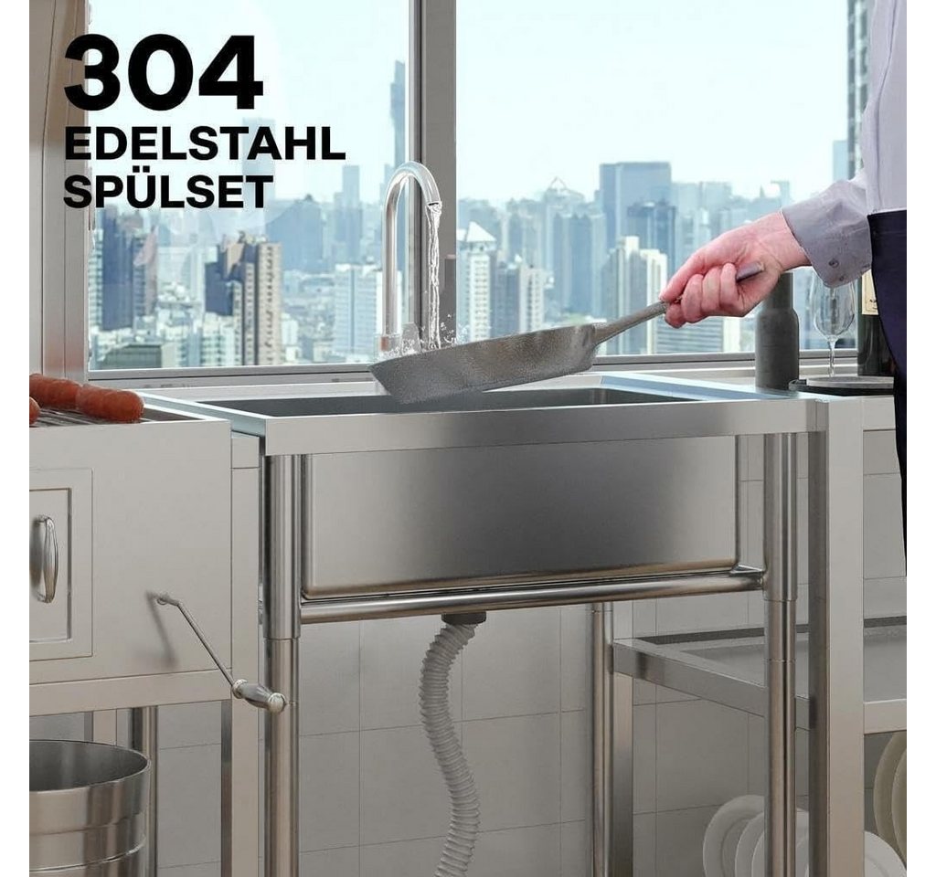 GarveeMore Waschtisch-Set Praktisches Spülset aus Edelstahl – Einbecken mit Ablaufsystem, 360° schwenkbarem Wasserhahn, Festwasseranschluss, 60 x 50 x 105 cm