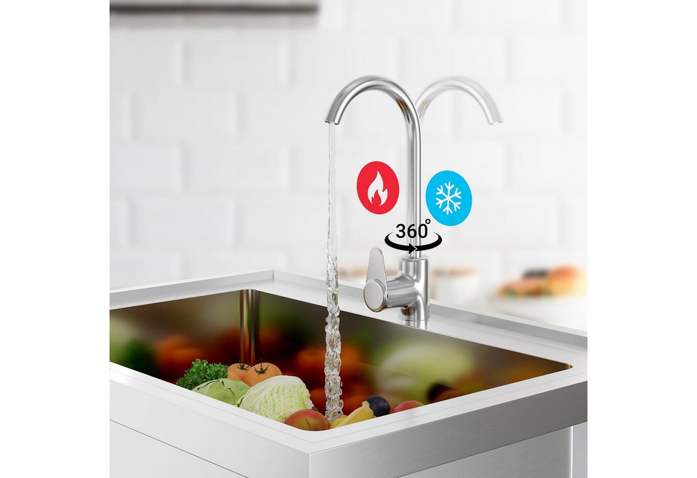 GarveeMore Waschtisch-Set Praktisches Spülset aus Edelstahl – Einbecken mit Ablaufsystem, 360° schwenkbarem Wasserhahn, Festwasseranschluss, 60 x 50 x 105 cm Bild 2