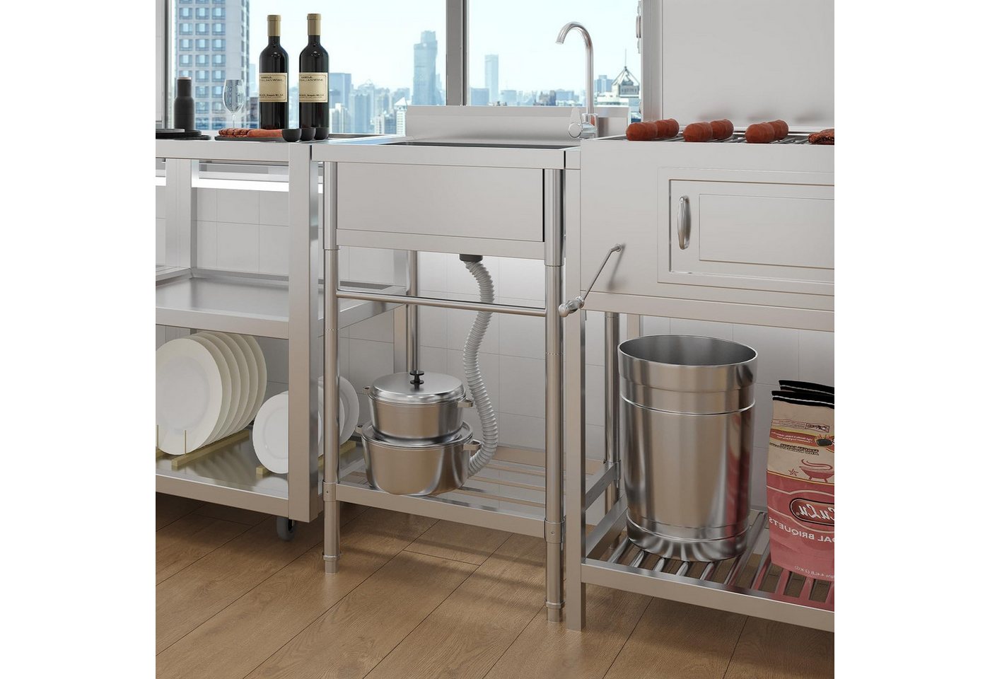 GarveeMore Waschtisch-Set Praktisches Spülset aus Edelstahl – Einbecken mit Ablaufsystem, 360° schwenkbarem Wasserhahn, Festwasseranschluss, 60 x 50 x 105 cm Bild 4