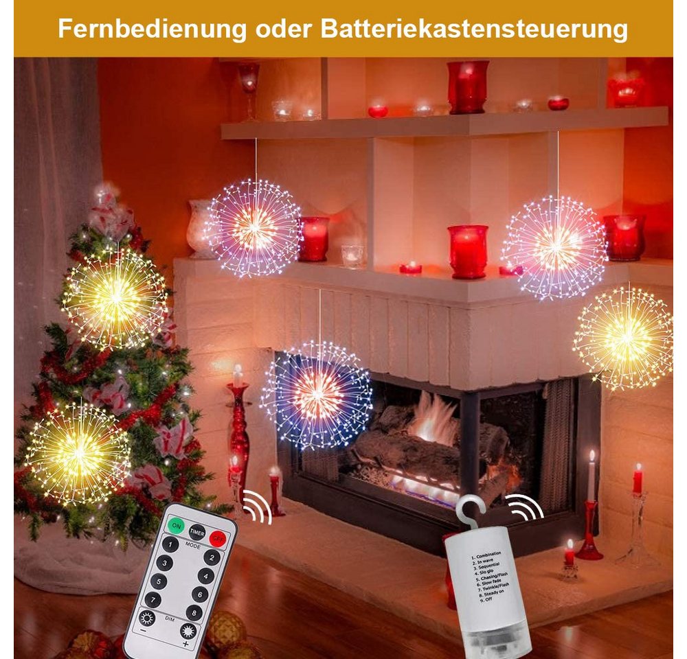 Rosnek LED-Lichterkette Feuerwerk, 198LEDs, Timer, Für Hochzeit Weihnachtsdeko, Fernbedienung, Kupferdraht, Batterie