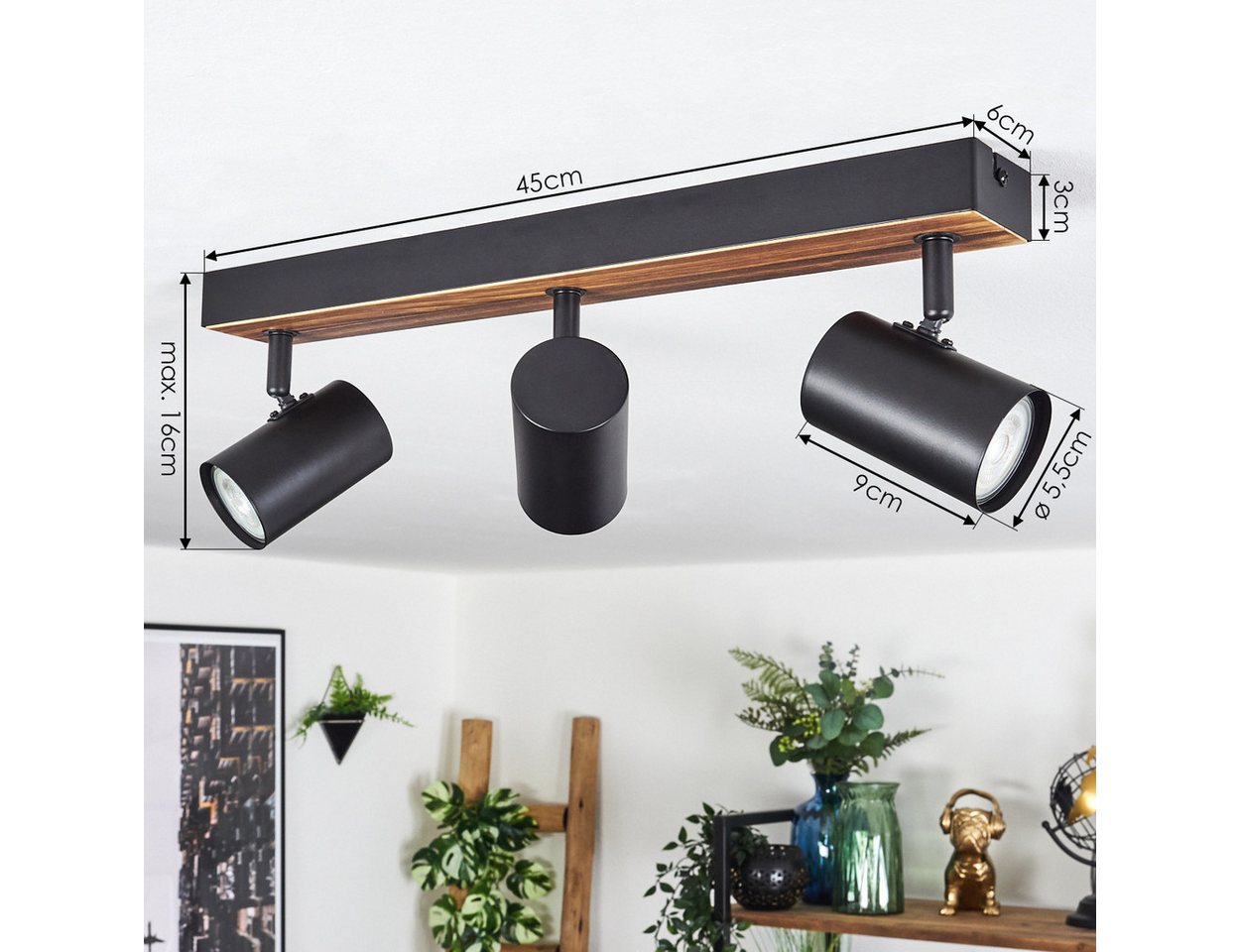 hofstein Deckenleuchte Deckenlampe aus Metall/Holz in Schwarz/Dunkelbraun, ohne Leuchtmittel, Leuchte im modernen Boho-Design mit verstellbaren Schirmen, 3 x GU10 Bild 2