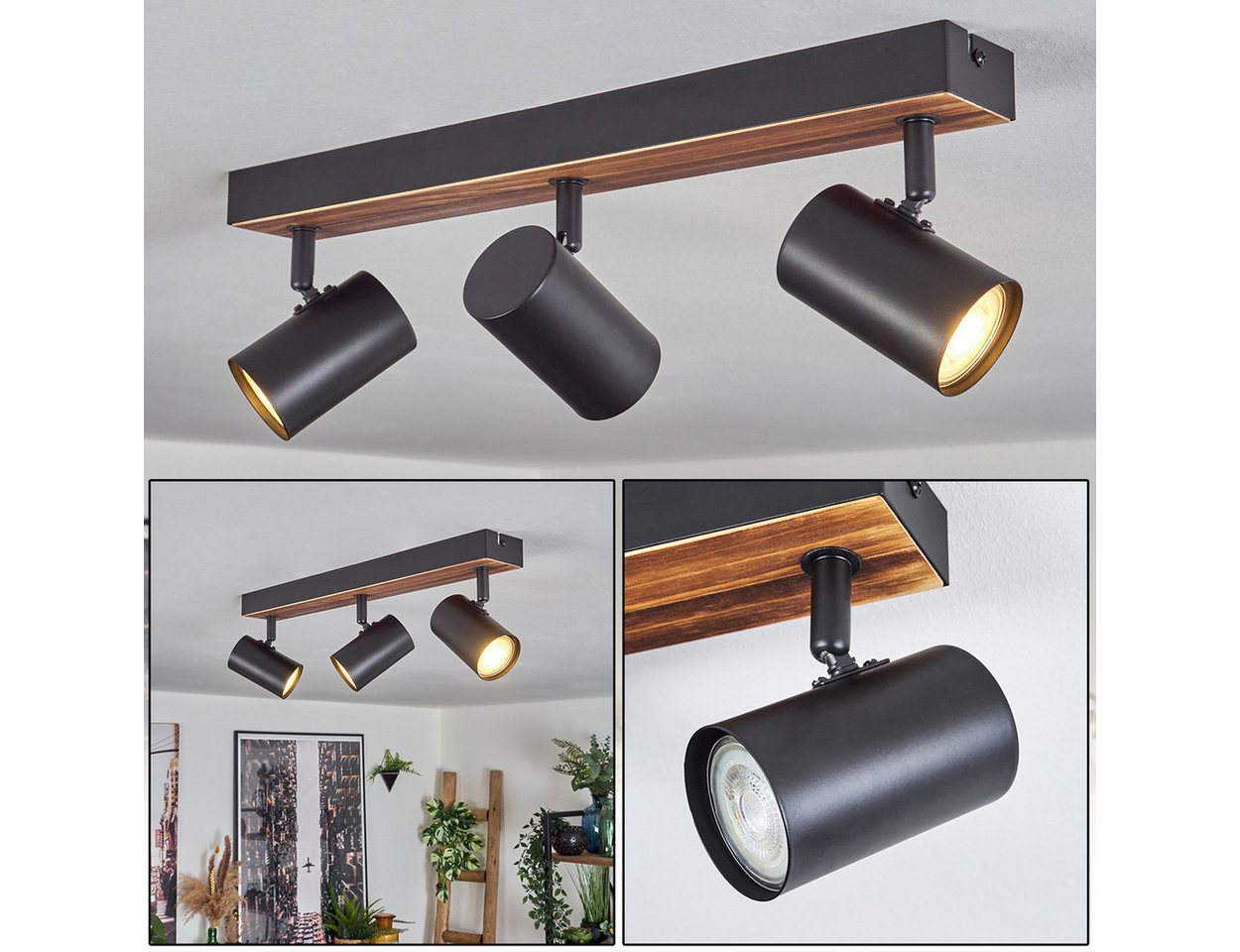 hofstein Deckenleuchte Deckenlampe aus Metall/Holz in Schwarz/Dunkelbraun, ohne Leuchtmittel, Leuchte im modernen Boho-Design mit verstellbaren Schirmen, 3 x GU10 Bild 5