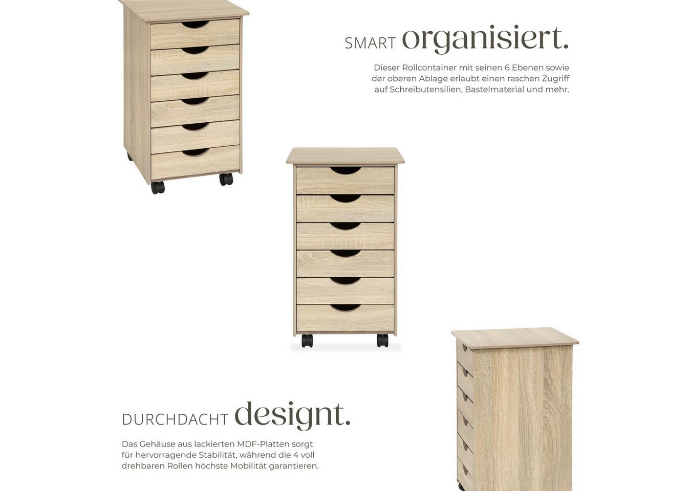 tectake Rollcontainer Schubladenschrank, einfache Montage, Maße 36 x 40 x 65 cm, aus Holz, (Schreibtisch Unterschrank, in Holz hell, Eiche Sonoma), 6 Schubl., 4 leichtgängige, drehbare Doppelrollen, abgerundete Kanten