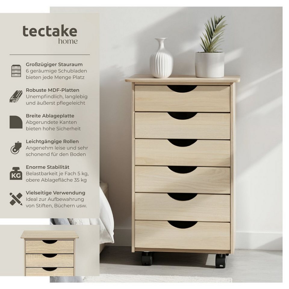 tectake Rollcontainer Schubladenschrank, einfache Montage, Maße 36 x 40 x 65 cm, aus Holz, (Schreibtisch Unterschrank, in Holz hell, Eiche Sonoma), 6 Schubl., 4 leichtgängige, drehbare Doppelrollen, abgerundete Kanten Bild 2