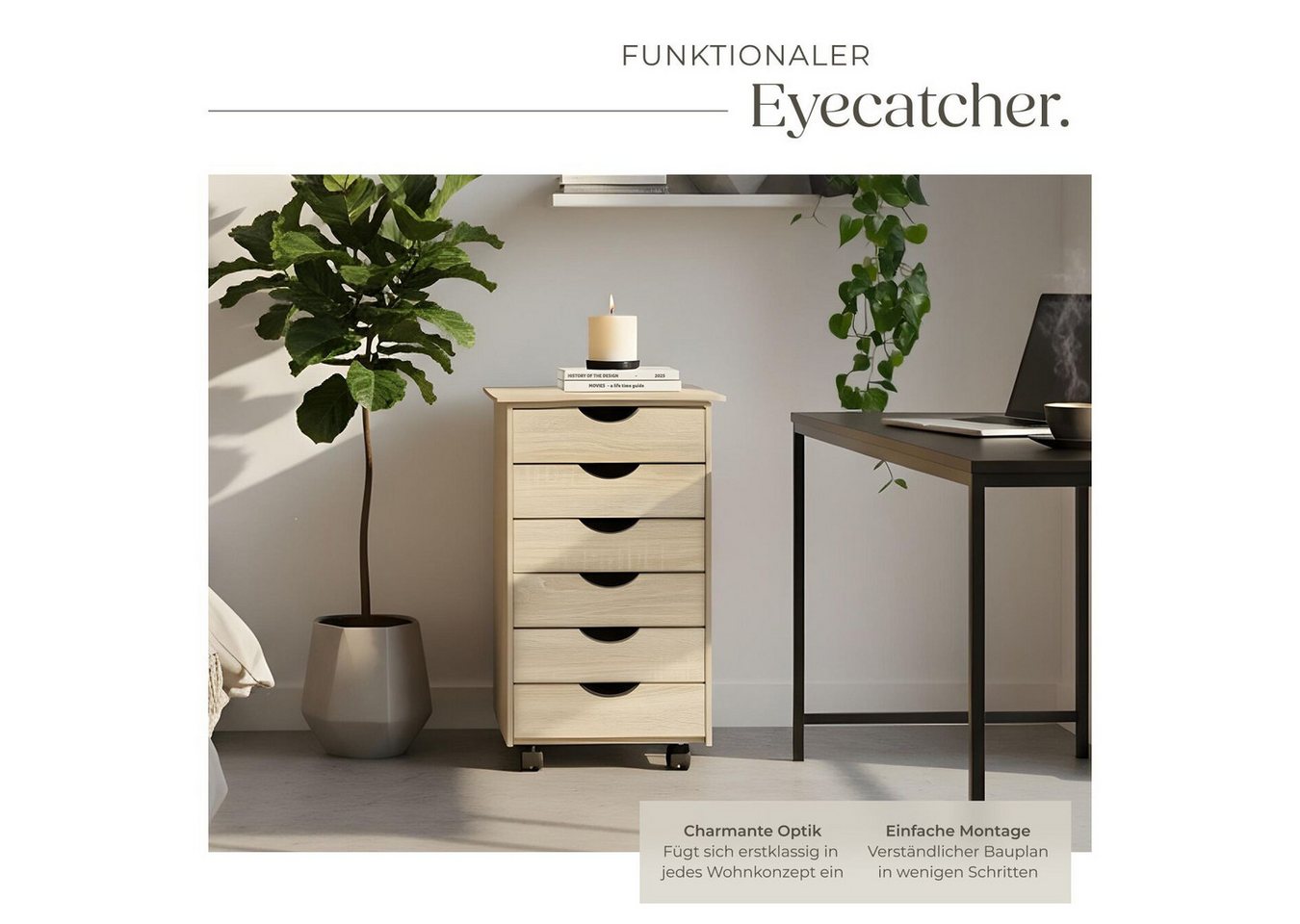 tectake Rollcontainer Schubladenschrank, einfache Montage, Maße 36 x 40 x 65 cm, aus Holz, (Schreibtisch Unterschrank, in Holz hell, Eiche Sonoma), 6 Schubl., 4 leichtgängige, drehbare Doppelrollen, abgerundete Kanten Bild 3