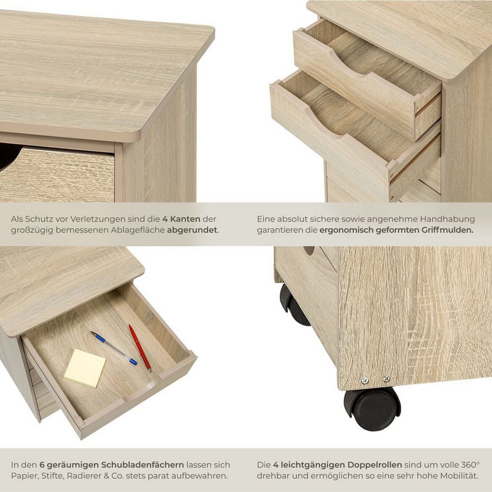 tectake Rollcontainer Schubladenschrank, einfache Montage, Maße 36 x 40 x 65 cm, aus Holz, (Schreibtisch Unterschrank, in Holz hell, Eiche Sonoma), 6 Schubl., 4 leichtgängige, drehbare Doppelrollen, abgerundete Kanten Bild 4