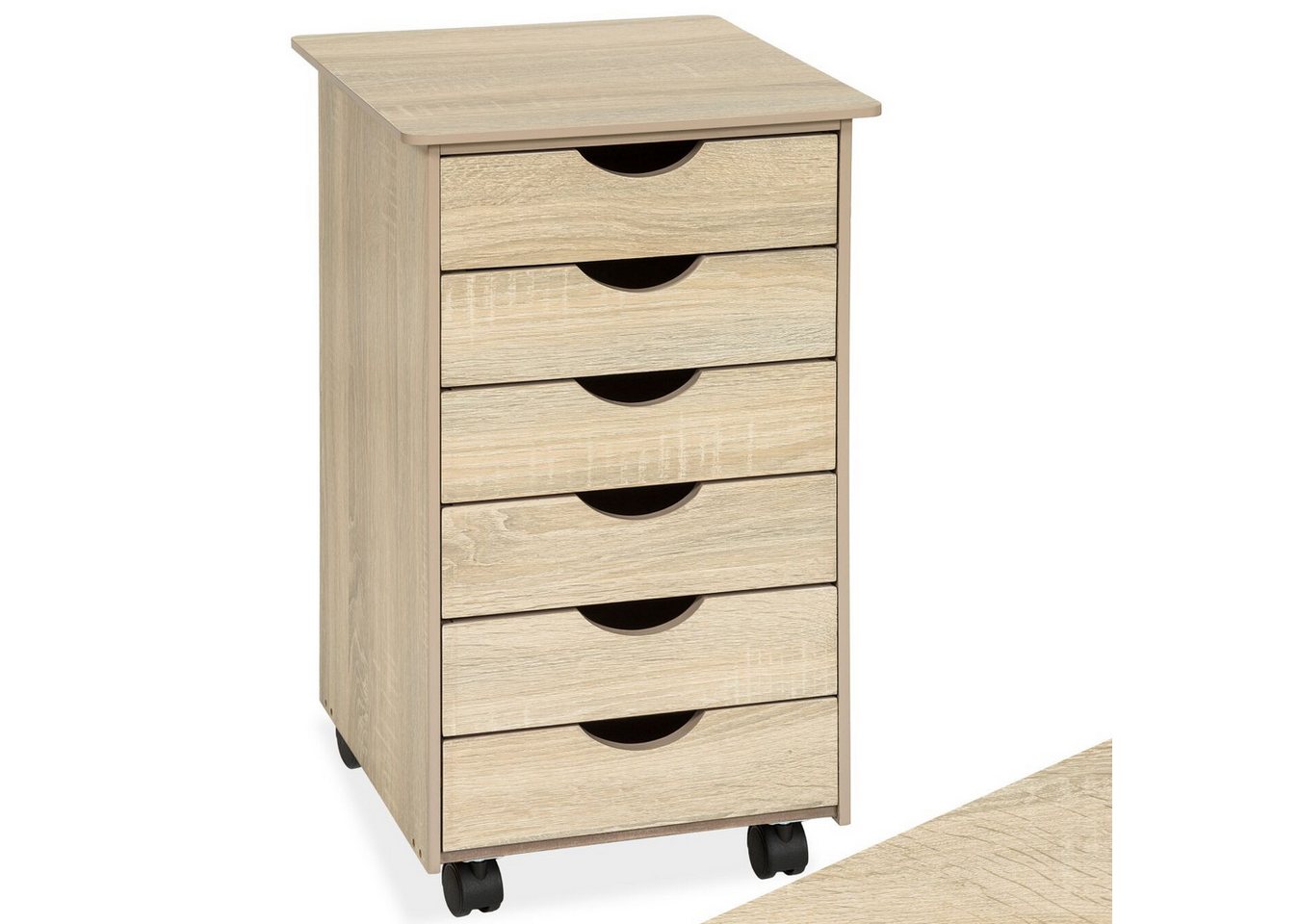 tectake Rollcontainer Schubladenschrank, einfache Montage, Maße 36 x 40 x 65 cm, aus Holz, (Schreibtisch Unterschrank, in Holz hell, Eiche Sonoma), 6 Schubl., 4 leichtgängige, drehbare Doppelrollen, abgerundete Kanten Bild 5
