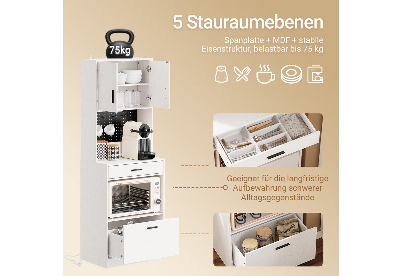 SoBuy Sideboard FSB98-E, Küchenschrank mit Steckdose, Buffetschrank mit Sensorleuchte, Mikrowellenschrank mit 2 USB-Anschlüssen für Küche und Kaffeebar Bild 4