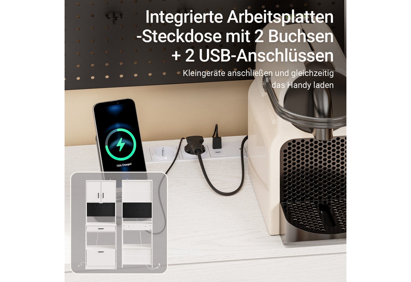 SoBuy Sideboard FSB98-E, Küchenschrank mit Steckdose, Buffetschrank mit Sensorleuchte, Mikrowellenschrank mit 2 USB-Anschlüssen für Küche und Kaffeebar Bild 5