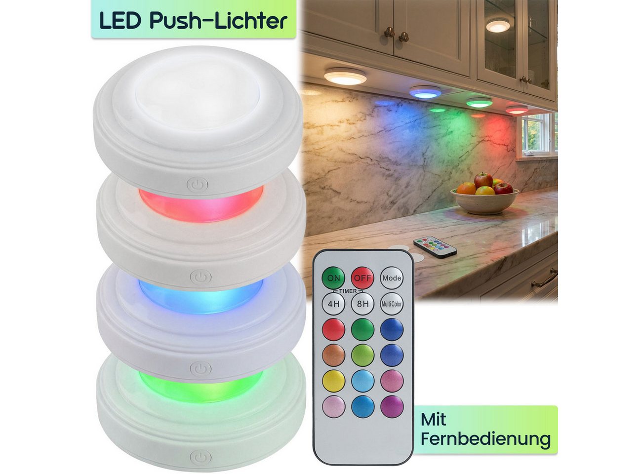 shop'n smile ideoon LED Unterbauleuchte 4er LED Push-Lichter Schrankleuchten Dimmbar Timer & Fernbedienung RGB, LED, Farbwechsel (12 Farben)/selbstklebend/3 LEDs pro Leuchte