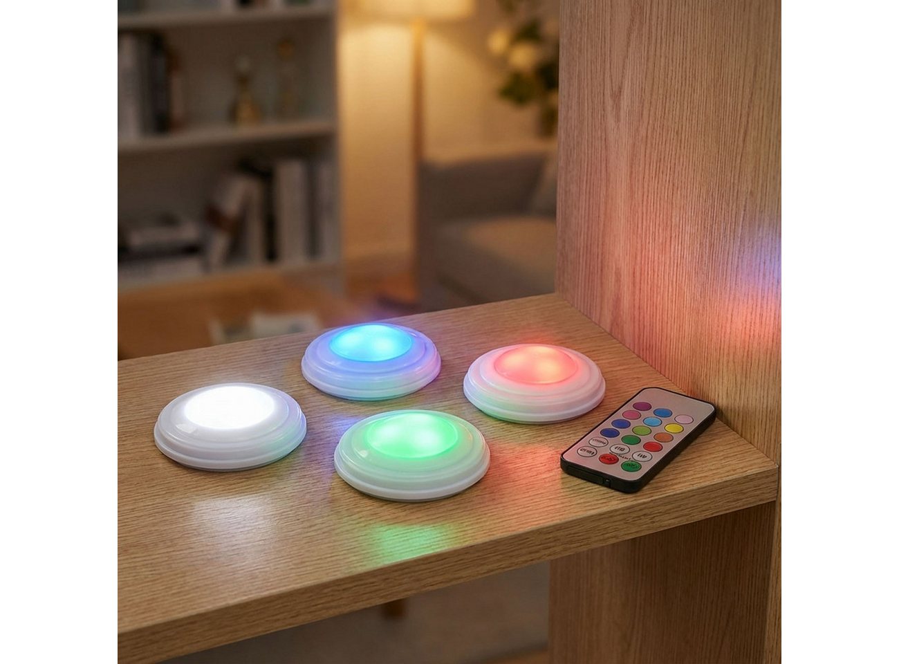 shop'n smile ideoon LED Unterbauleuchte 4er LED Push-Lichter Schrankleuchten Dimmbar Timer & Fernbedienung RGB, LED, Farbwechsel (12 Farben)/selbstklebend/3 LEDs pro Leuchte Bild 2