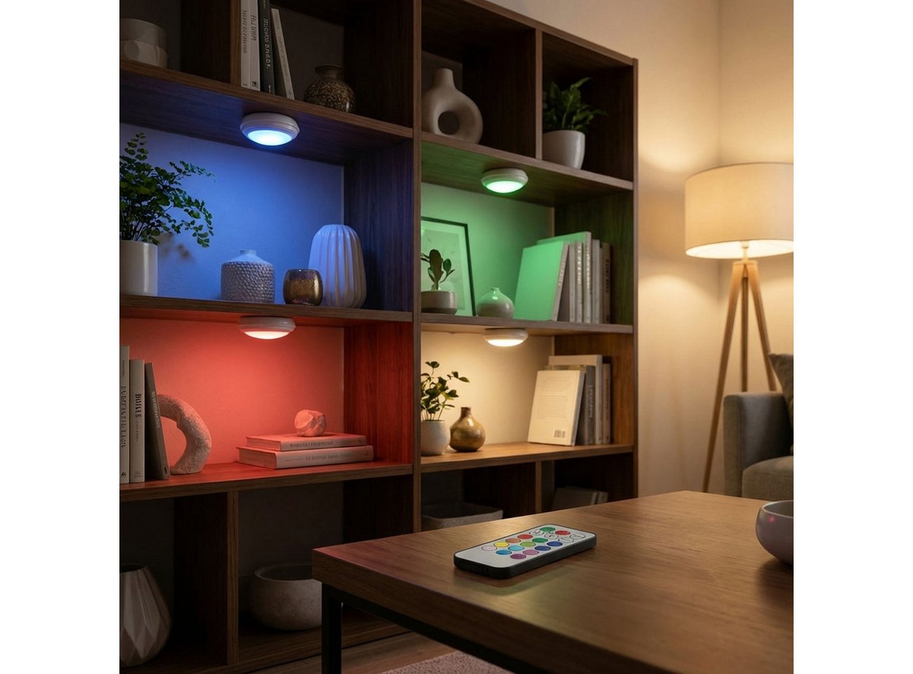 shop'n smile ideoon LED Unterbauleuchte 4er LED Push-Lichter Schrankleuchten Dimmbar Timer & Fernbedienung RGB, LED, Farbwechsel (12 Farben)/selbstklebend/3 LEDs pro Leuchte Bild 3