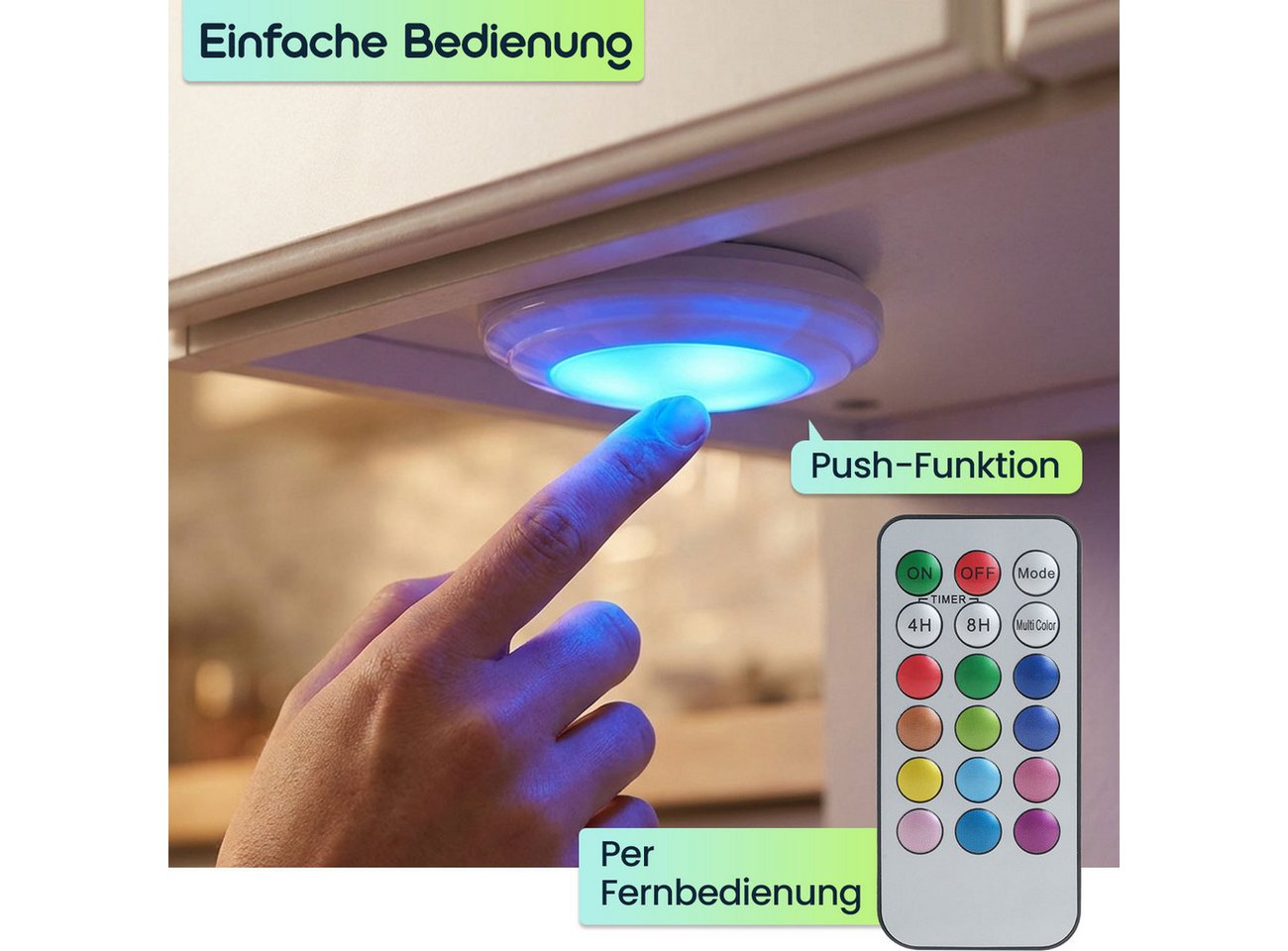 shop'n smile ideoon LED Unterbauleuchte 4er LED Push-Lichter Schrankleuchten Dimmbar Timer & Fernbedienung RGB, LED, Farbwechsel (12 Farben)/selbstklebend/3 LEDs pro Leuchte Bild 4