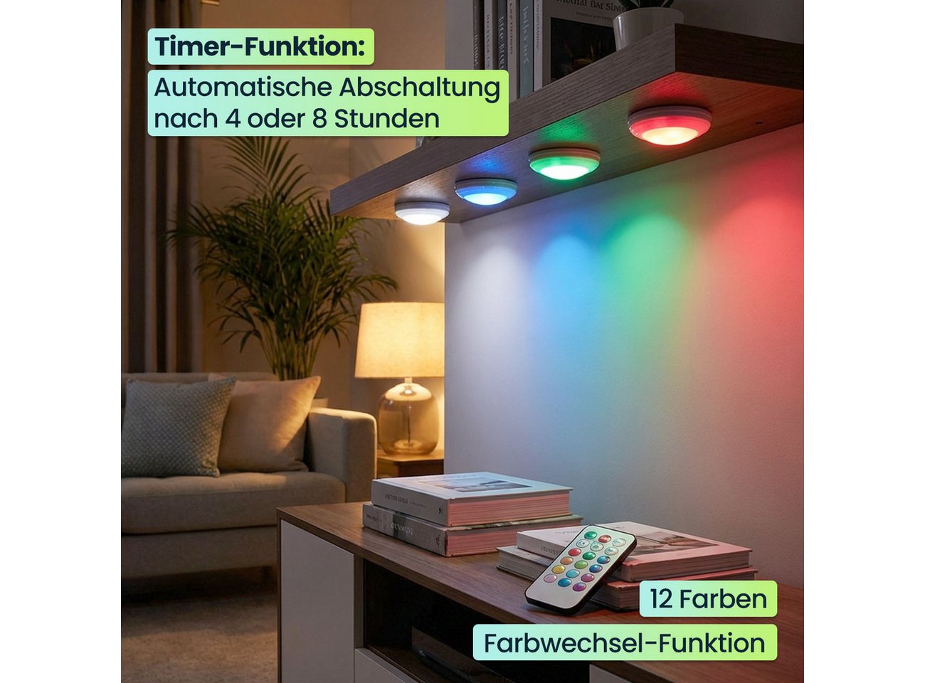shop'n smile ideoon LED Unterbauleuchte 4er LED Push-Lichter Schrankleuchten Dimmbar Timer & Fernbedienung RGB, LED, Farbwechsel (12 Farben)/selbstklebend/3 LEDs pro Leuchte Bild 5