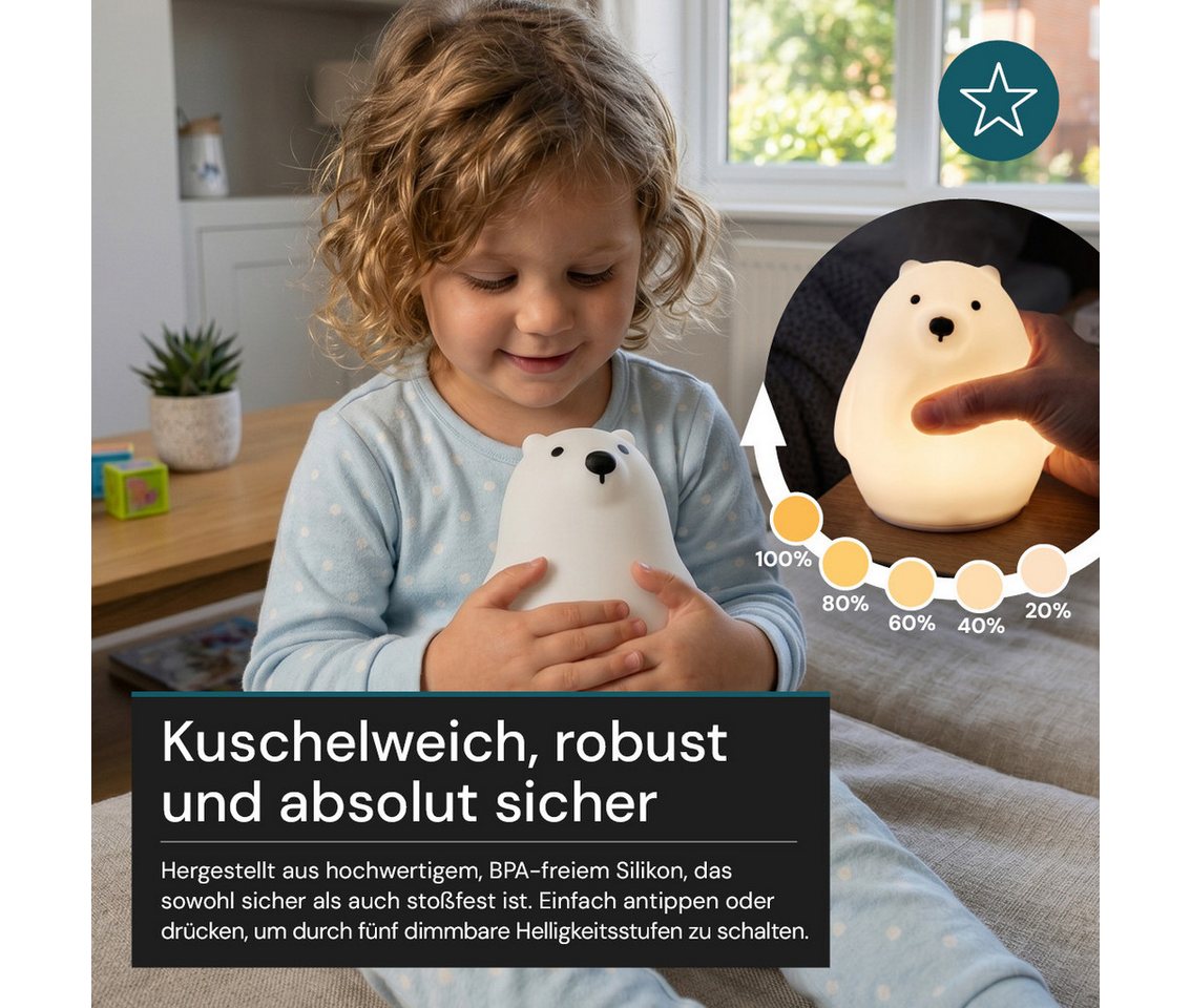 LUXULA LED Nachttischlampe LED-Nachtlicht, LED fest integriert, 1,7W Kinderlampe Weiß aus Silikon durch Drücken dimmbar mit Akku