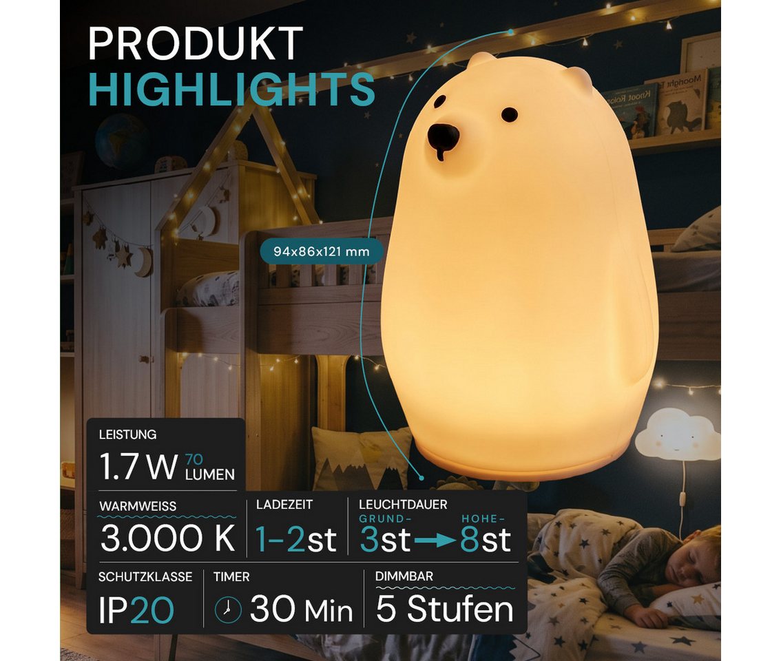 LUXULA LED Nachttischlampe LED-Nachtlicht, LED fest integriert, 1,7W Kinderlampe Weiß aus Silikon durch Drücken dimmbar mit Akku Bild 2
