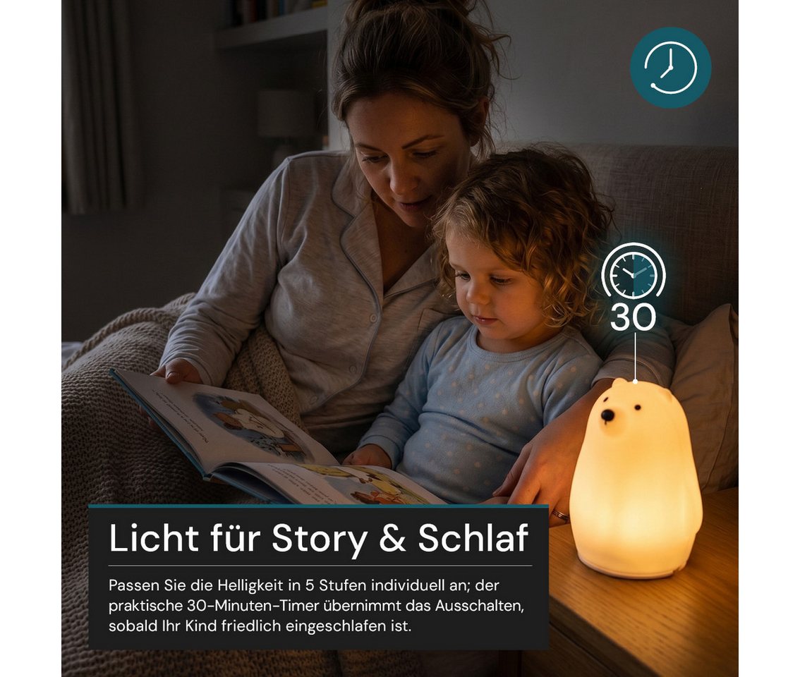 LUXULA LED Nachttischlampe LED-Nachtlicht, LED fest integriert, 1,7W Kinderlampe Weiß aus Silikon durch Drücken dimmbar mit Akku Bild 3