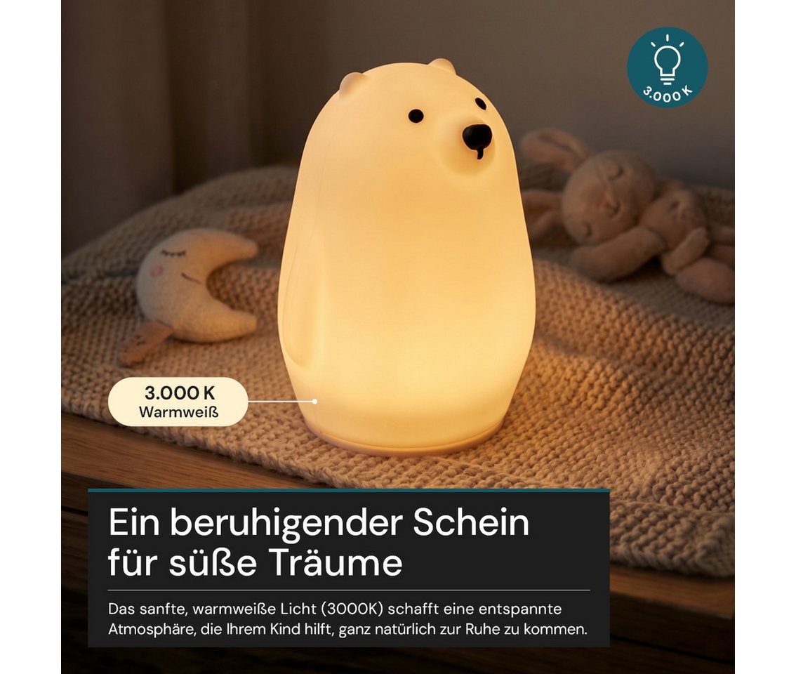 LUXULA LED Nachttischlampe LED-Nachtlicht, LED fest integriert, 1,7W Kinderlampe Weiß aus Silikon durch Drücken dimmbar mit Akku Bild 5
