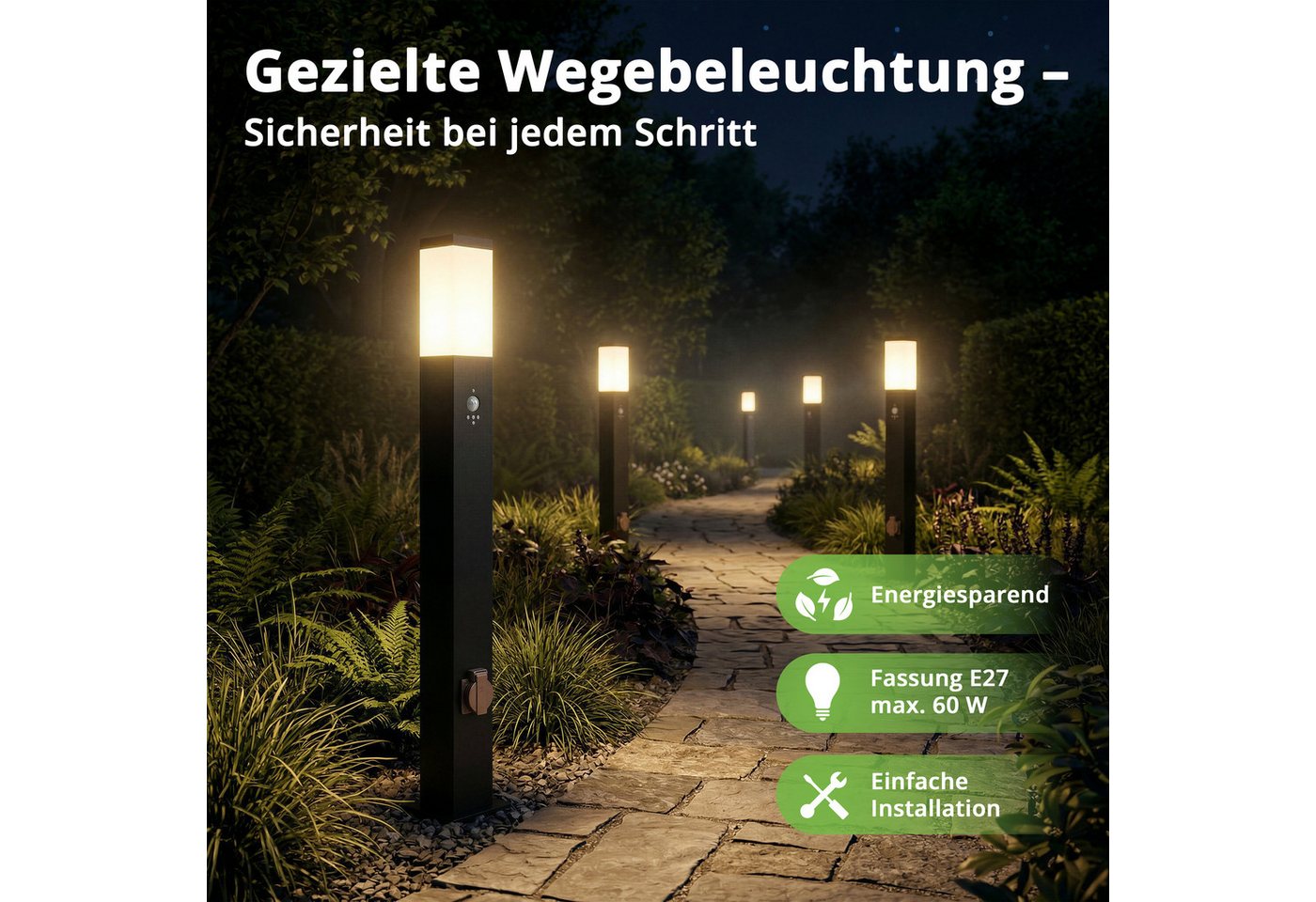 Grafner Außen-Stehlampe Wegleuchte Standleuchte 100cm 2 Steckdosen Bewegungsmelder anthrazit, ohne Leuchtmittel, Wegleuchte Bild 3