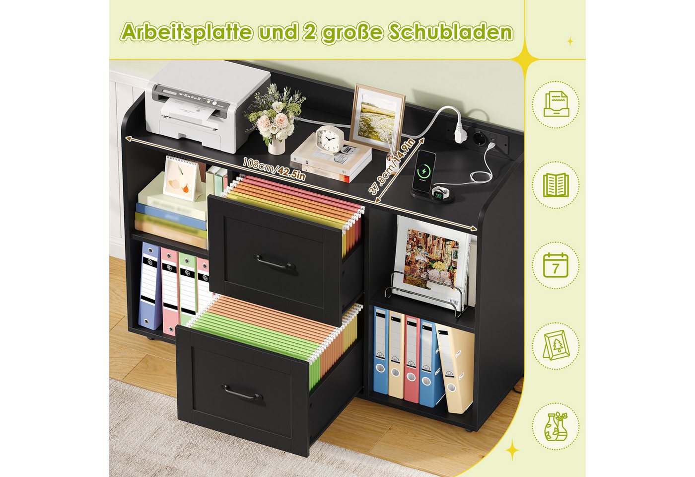 HOMECHO Aktenschrank Rollcontainer mit Steckdosen, Schubladenschrank mit Rollen