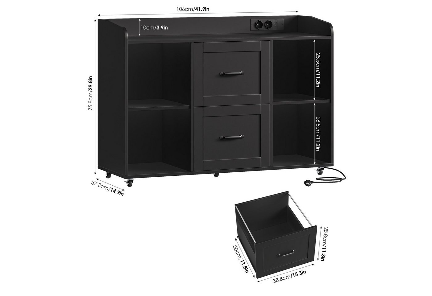 HOMECHO Aktenschrank Rollcontainer mit Steckdosen, Schubladenschrank mit Rollen Bild 4