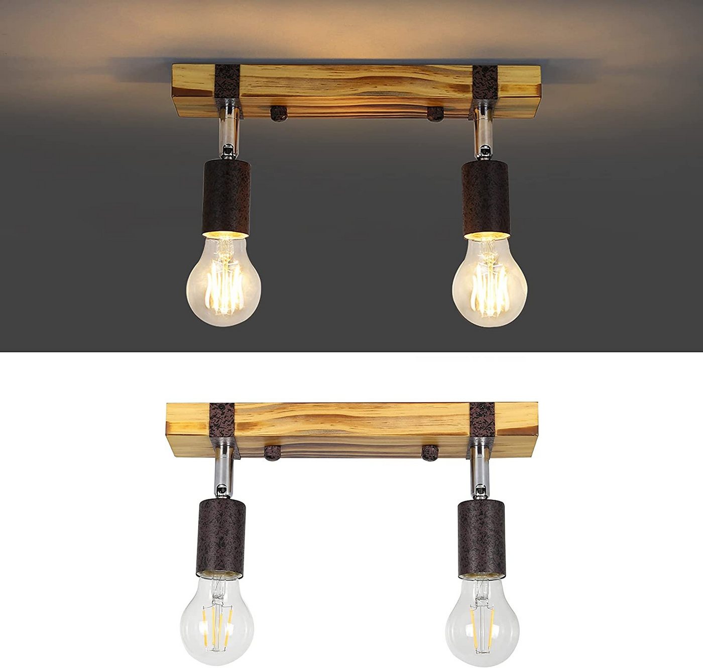 Nettlife Deckenstrahler Retro 2 flammig E27 Holzbalken verstellbarem schwenkbar Metall, LED wechselbar, für Schlafzimmer, Küchen, Esszimmer,Treppenhäuser, Balkone,Flur