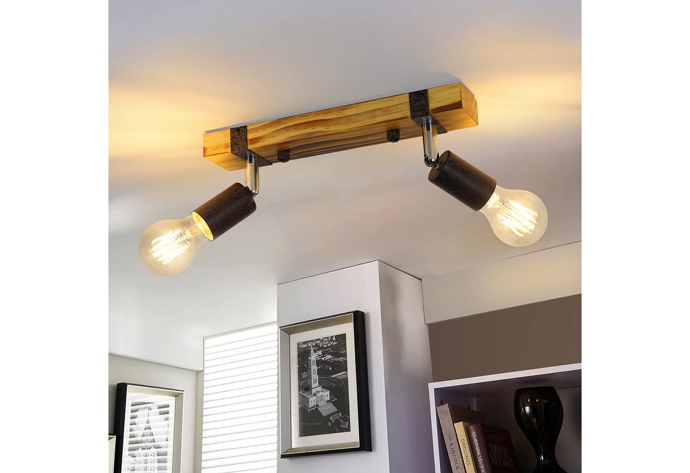 Nettlife Deckenstrahler Retro 2 flammig E27 Holzbalken verstellbarem schwenkbar Metall, LED wechselbar, für Schlafzimmer, Küchen, Esszimmer,Treppenhäuser, Balkone,Flur Bild 5