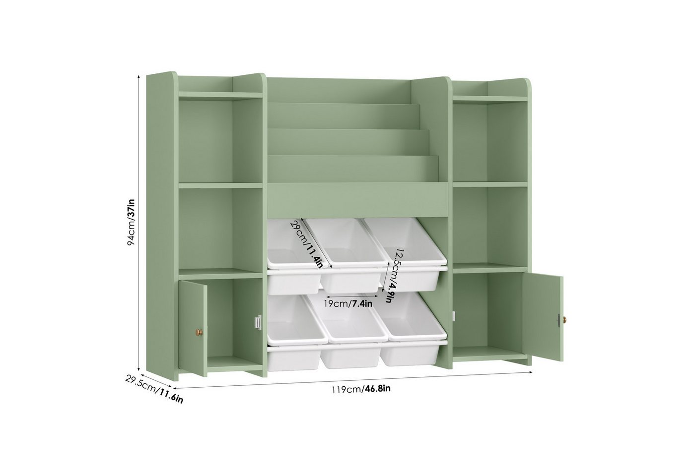 Homfa Kinderregal, Kinderbücherregal Spiegelregal mit 6 Boxen rosa 119x29x94 cm grün
