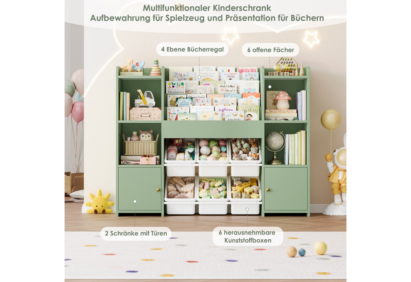 Homfa Kinderregal, Kinderbücherregal Spiegelregal mit 6 Boxen rosa 119x29x94 cm grün Bild 2