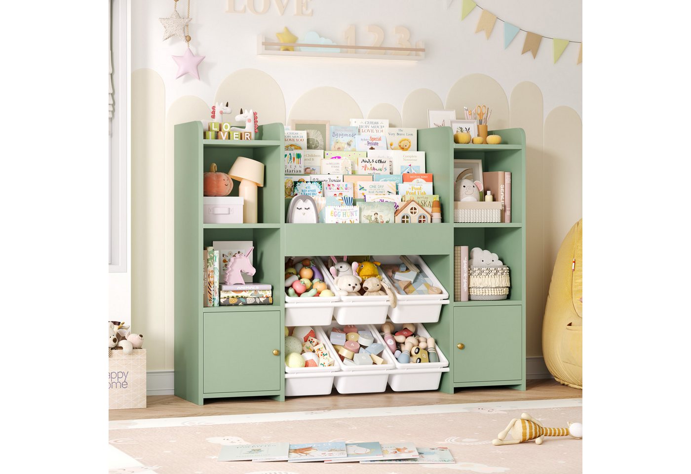 Homfa Kinderregal, Kinderbücherregal Spiegelregal mit 6 Boxen rosa 119x29x94 cm grün Bild 3