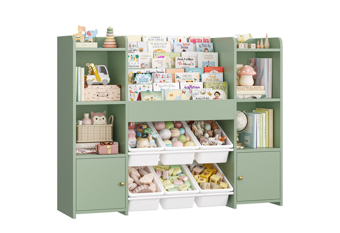Homfa Kinderregal, Kinderbücherregal Spiegelregal mit 6 Boxen rosa 119x29x94 cm grün Bild 4
