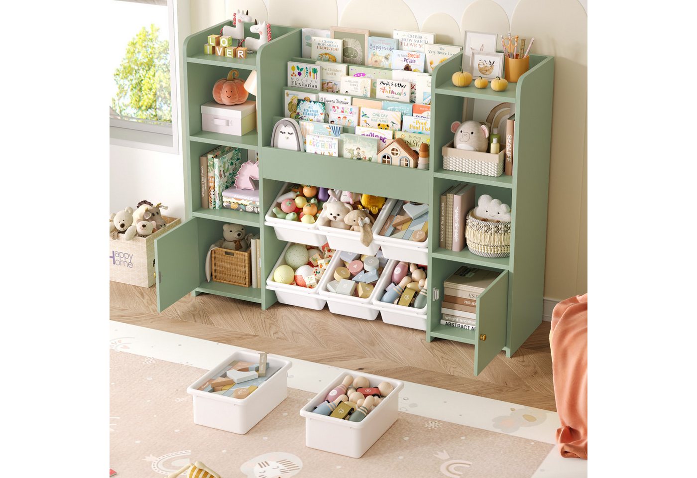 Homfa Kinderregal, Kinderbücherregal Spiegelregal mit 6 Boxen rosa 119x29x94 cm grün Bild 5