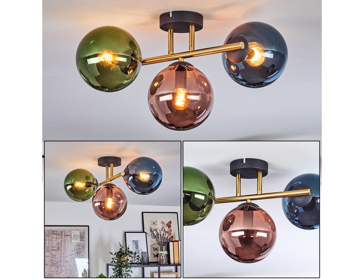 hofstein Deckenleuchte Deckenlampe aus Metall/Glas in Schwarz/Gold/Blau/Grün/Kupfer, moderne Deckenleuchte im Retro/Vintage-Design (Schirme 15 cm), 3xE14 Bild 5