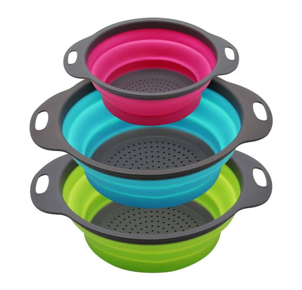 TUWENA Abfluss-Siebkörbchen 3 Stück Faltbares Silikon Sieb Set - Klappbarer zum Abtropfen, (3-St), für Küche, Camping und Salate von Nudeln, Gemüse, Obst